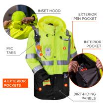 Inset hood. Mic tabs. Exterior pen pocket. 4 exterior pockets. Interior pocket. Dirt-hiding panels.