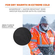 For dry warmth in extreme cold: windproof + water-resistant 300D ripstop polyester with PU coating. Image shows detail of 280G fleece insulation. Image shows man in jacket covered in snow.