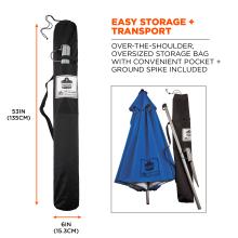 Easy storage and transport: over-the-shoulder, oversized storage bag with convenient pocket and ground spike included. Bag measures 53 inches or 135cm tall, 6 inches or 15.3cm wide