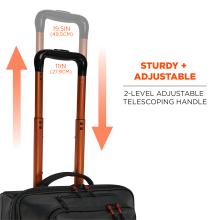 Sturdy and adjustable: 2-level adjustable telescoping handle. Top height of 19.5 inches or 49.5cm. Lowest extended level is 11 inches or 27.9cm