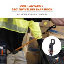 Coil Lanyard and 360 degree swiveling snap hook: Reduces snags and tangles