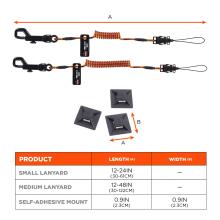 Product dimensions: Small Lanyard - Length (A) 12-24IN (30-61CM), Medium Lanyard - Length (A) 12-48IN (30-122CM), Self-Adhesive Mount - Length (A) 0.9IN (2.3CM), Width (B) 0.9IN (2.3CM)