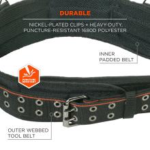 Durable: nickel-plated clips and heavy-duty, puncture-resistant 1680D polyester. Inner padded belt. Puncture-resistant. Outer webbed tool belt