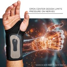 Open center design limits pressure on nerves. Semi-rigid plastic insert is sewn in