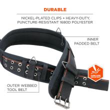 Durable: nickel-plated clips and heavy-duty, puncture-resistant 1680D polyester. Inner padded belt. Puncture-resistant. Outer webbed tool belt