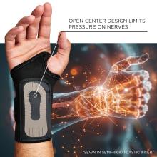 Open center design limits pressure on nerves. Semi-rigid plastic insert is sewn in