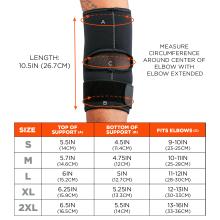 Size chart. Small (S): Top of Support 5.5IN (14CM), Bottom of Support 4.5IN (11.4CM), Fits Elbows 9-10IN (23-25CM). Medium (M): Top of Support 5.7IN (14.6CM), Bottom of Support 4.75IN (12CM), Fits Elbows 10-11IN (25-28CM). Large (L): Top of Support 6IN (15.2CM), Bottom of Support 5IN (12.7CM), Fits Elbows 11-12IN (28-30CM). Extra Large (XL): Top of Support 6.25IN (15.9CM), Bottom of Support 5.25IN (13.3CM), Fits Elbows 12-13IN (30-33CM). 2X Large (2XL): Top of Support 6.5IN (16.5CM), Bottom of Support 5.5IN