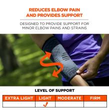 Reduces elbow pain and provides support: designed to provide support for minor elbow pains and strains. Light level of support