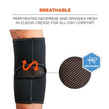 Breathable: perforated neoprene and spandex mesh in elbow crease for all-day comfort