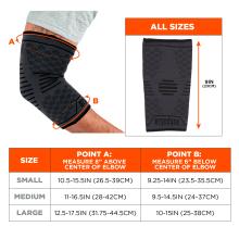 Size chart. Small (S): Point A (8" above elbow) 10.5-15.5IN (26.5-39CM), Point B (6" below elbow) 9.25-14IN (23.5-35.5CM). Medium (M): Point A (8" above elbow) 11-16.5IN (28-42CM), Point B (6" below elbow) 9.5-14.5IN (24-37CM). Large (L): Point A (8" above elbow) 12.5-17.5IN (31.75-44.5CM), Point B (6" below elbow) 10-15IN (25-38CM). All sizes are 9 inches or 23cm in length