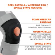 Open patella / anterior pad / spiral stays feature. Foam kneecap padding for enhanced comfort and support, open patella puts less pressure on kneecap and aids in proper movement. Spiral stays for additional stability when moving side to side