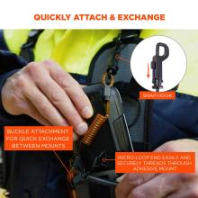 Quickly attach & exchange: Snap hook for quick attachment, buckle attachment for quick exchange between mounts, and micro-loop end threads securely through the adhesive mount