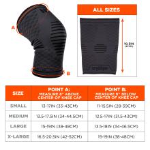 Size chart. Small (S): Point A (8" above knee cap) 13-17IN (33-43CM), Point B (6" below knee cap) 11-15.5IN (28-39CM). Medium (M): Point A (8" above knee cap) 13.5-17.5IN (34-44.5CM), Point B (6" below knee cap) 12.5-17IN (31.5-43CM). Large (L): Point A (8" above knee cap) 15-19IN (38-48CM), Point B (6" below knee cap) 13.5-18IN (34-46.5CM). Extra Large (XL): Point A (8" above knee cap) 16.5-20.5IN (42-52CM), Point B (6" below knee cap) 15-19IN (38-48CM). All sizes are 10.5 inches or 27cm in length