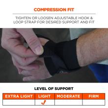 Compression fit: tighten or loosen adjustable hook and loop strap for desired support and fit. Light level of support