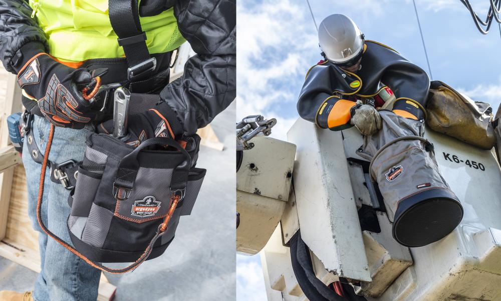 Side by side of tool pouch and hoist bucket