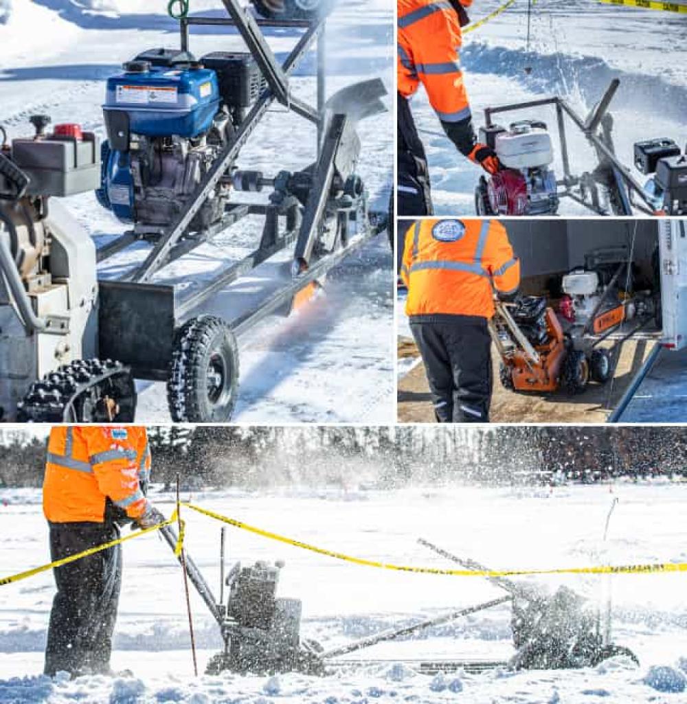 People building ice carousel with chainsaws