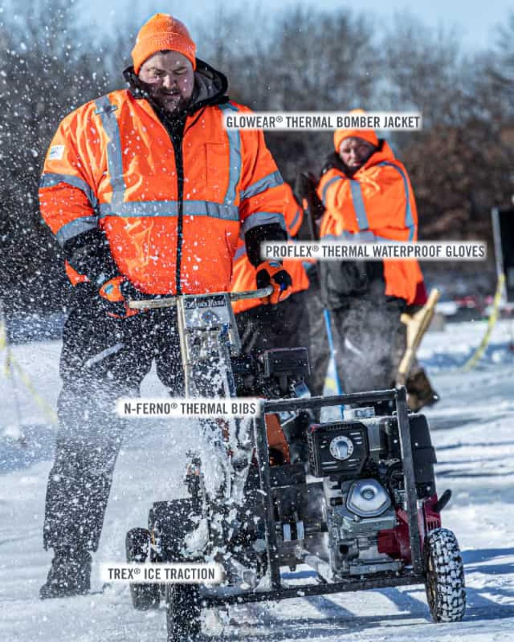 Person in hivis winter gear: GloWear Thermal Bomber Jacket, ProFlex thermal waterproof gloves, N-Ferno thermal bibs, and Trex Ice Traction