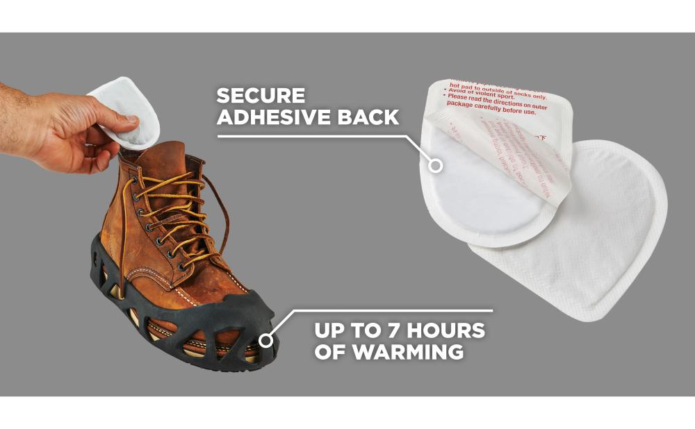 Up to 7 hours of warming. Secure adhesive back. Image shows hand putting warmer into boot