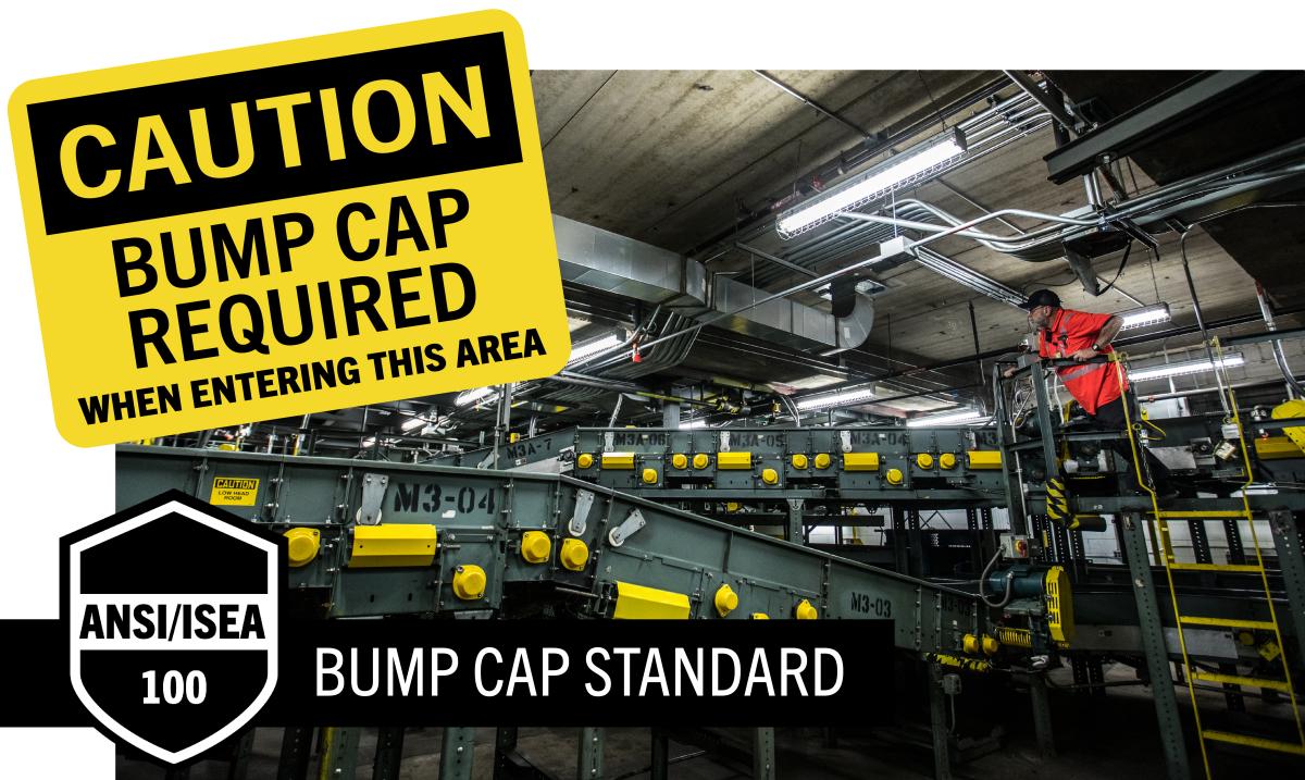 Caution Bump cap required when entering this area ansi/isea 100 bump cap standard