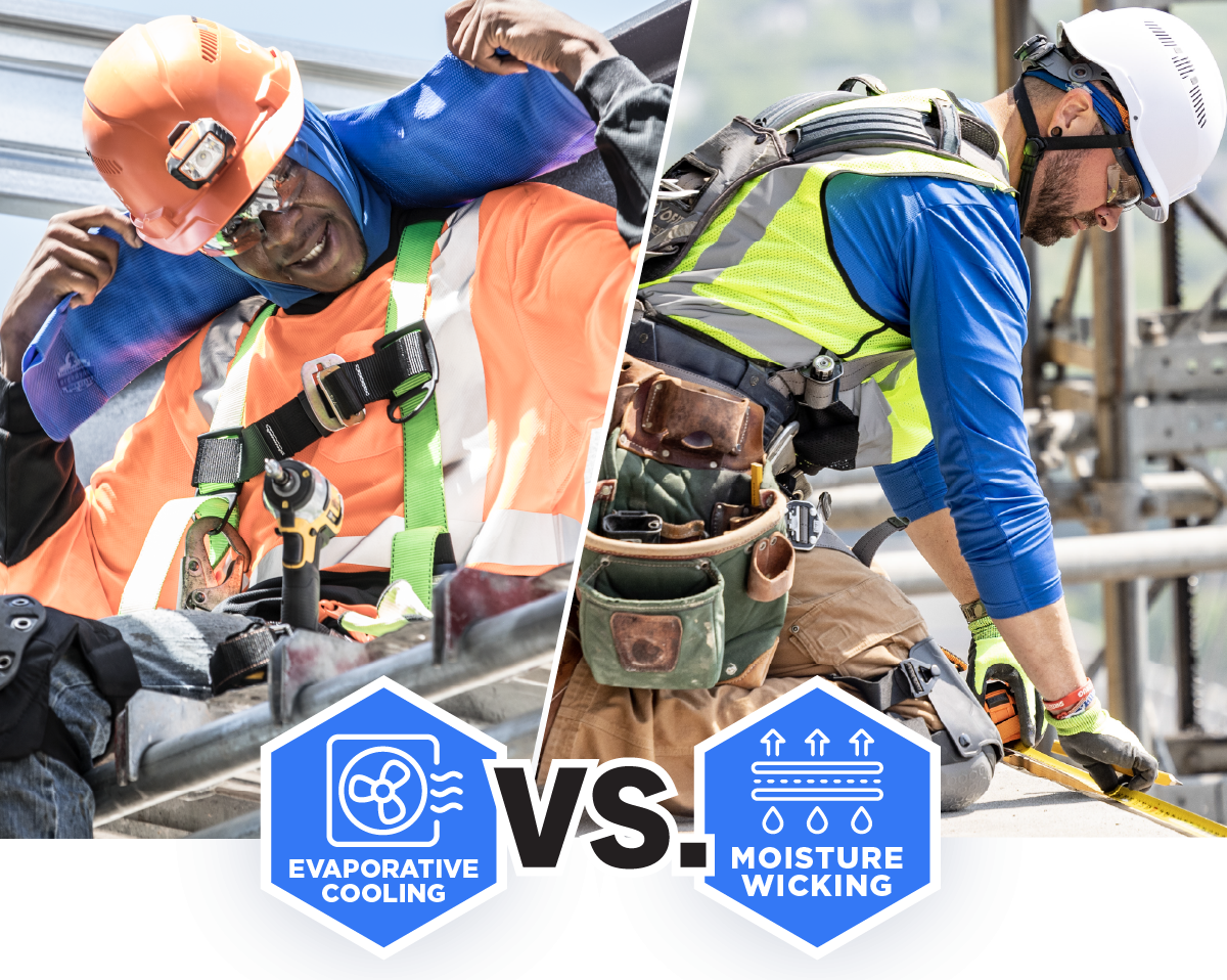 Two workers on a construction site. One is wearing an evaporative cooling product, the other is wearing a moisture-wicking cooling product