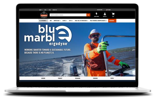 Preview of Ergodyne's Blue Marble landing page, mocked up on a computer screen